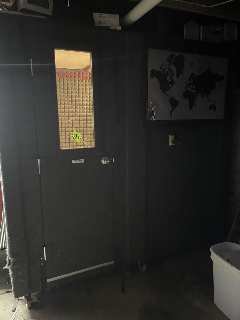 Bill Stage's Whisper Room vocal booth in his home studio, where long-form demos get recorded